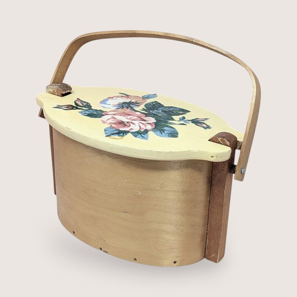 Vintage Basketville Putney Vermont Wood Lidded Basket Painted Floral Handle 11.5
